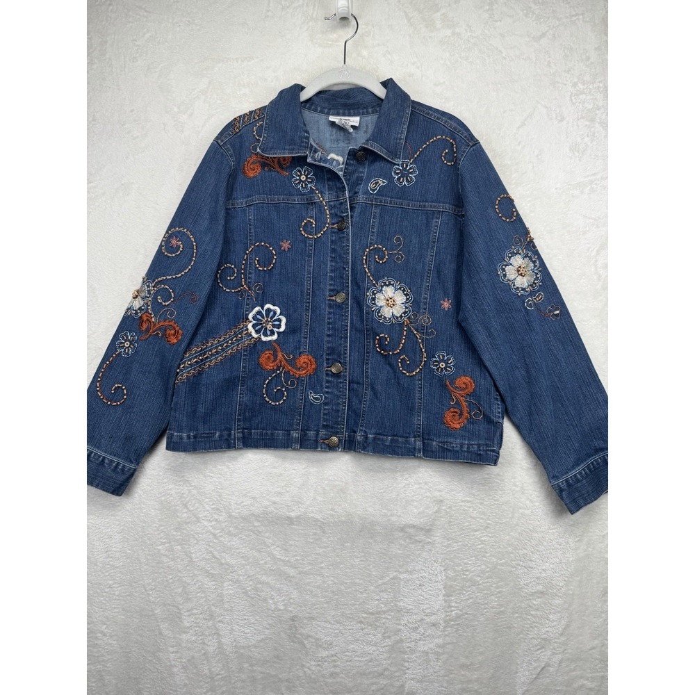 Beaded Embroidered Denim Jacket Women's Petite Boho Floral Western Blue